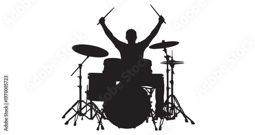 Drummer Silhouette vector graphic illustration showing a talented musician silhouette playing on a drum kit with raised sticks expressing passion during a live music performance concert event.