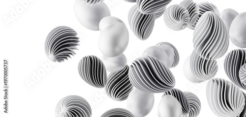 Abstract design of floating 3D egg-shaped forms with textured surfaces in monochrome, isolated on a white back