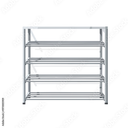 Gray metal four-tier shelving unit with horizontal bars for storage