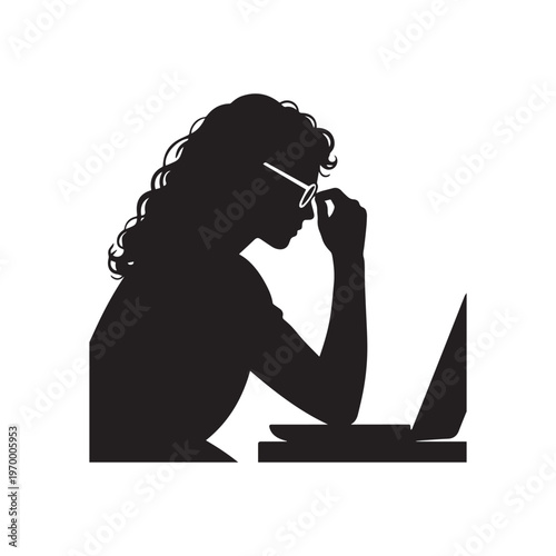Stressed Business Woman Silhouette Working on Laptop and Adjusting Glasses at Desk.