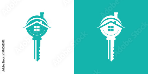 A minimalist logo design featuring a house icon integrated into the head of a key, presented in two color variations: teal on white and white on teal, symbolizing home ownership and real estate.