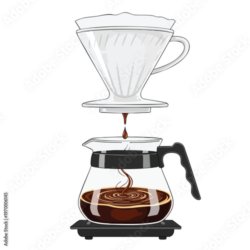 A pour-over coffee maker drips hot coffee into a glass carafe below