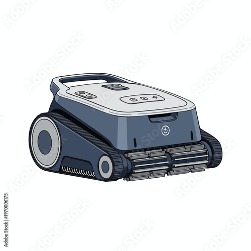 Sleek, modern robotic pool cleaner with treads and brushes on white