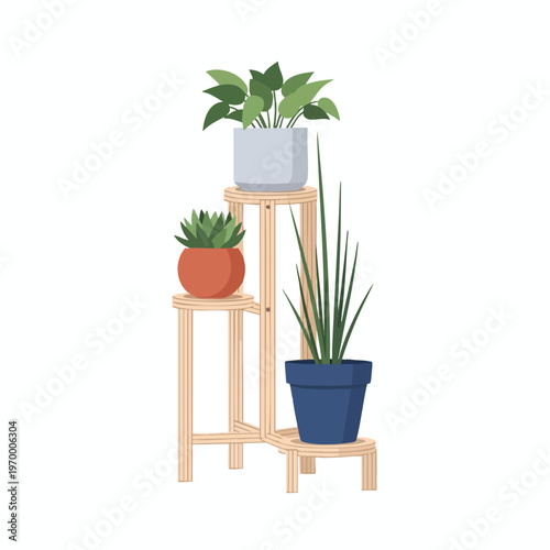 Three potted plants on a wooden plant stand with varying heights