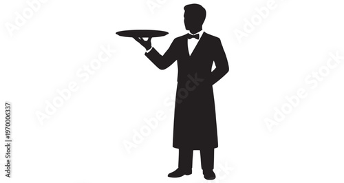 Waiter Silhouette butler character vector illustration in a classic uniform with a bow tie and long apron, expertly holding an empty serving tray, ready for service at an event or restaurant.