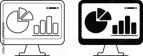 Monitor display with pie and bar charts showing data analysis and financial reports