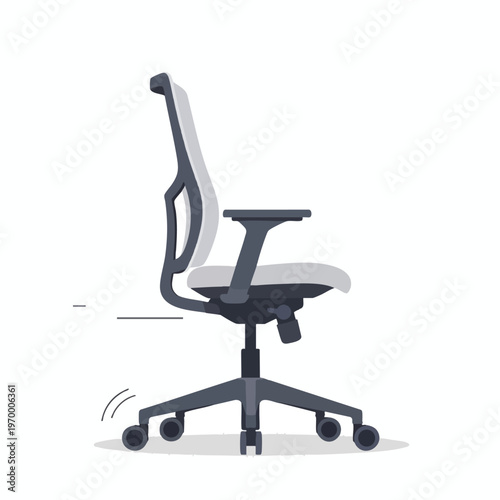 A modern gray mesh ergonomic office chair with wheels is shown against a white background