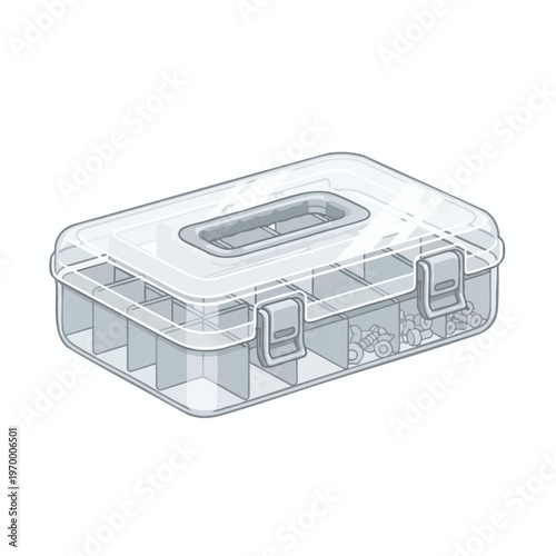 Transparent rectangular storage box with clear compartments and gray handle, latches, and dividers