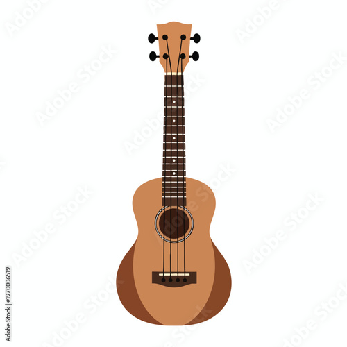 A flat design illustration of a wooden ukulele with four strings and tuning pegs
