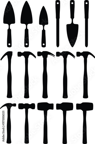 WebBlack silhouette vector illustration set of hand tools including trowels, putty knives, and hammers arranged in grid pattern for construction, masonry, repair, and home improvement design.