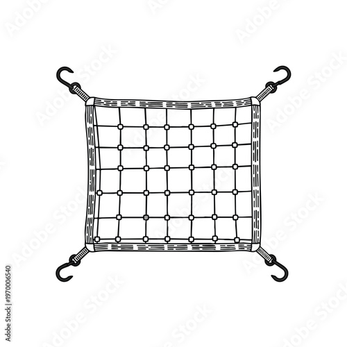 A graphic illustration of a square cargo net with four hooks