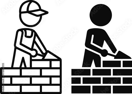 WebBlack and white icon illustration of construction workers building brick walls with trowels, comparing outline and solid silhouette styles for masonry, labor, and architecture design.