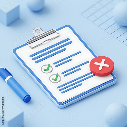 Clipboard with checklist and pen on blue background with geometric shapes  office supplies and documents concept