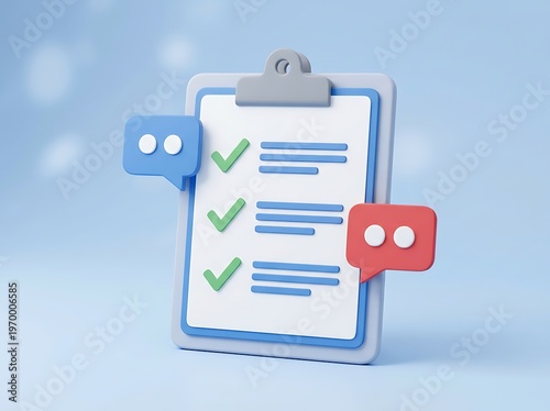 Clipboard with checkmarks and chat bubbles on blue background  checklist and communication concept