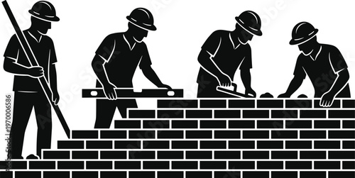 WebBlack and white silhouette illustration of construction workers building brick wall with teamwork, masonry tools, hard hats, and collaboration concept for industrial labor and architecture design.