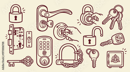 Security Locks Keys Door Handles Outline Vector Icon Set