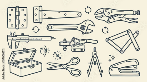 Tools and Hardware Outline Collection Vector Illustration Isolated