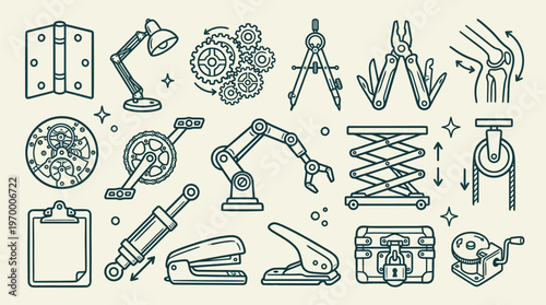 Mechanical Engineering Tools Office Supplies Line Art Icons Set
