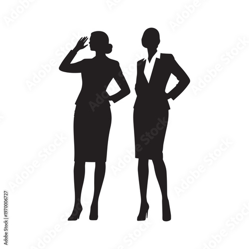 Two Professional Business Women Silhouette Icons Standing in Confident Power Posing Style. 