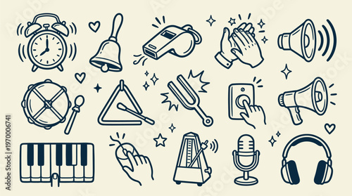 Sound Icons Hand-Drawn Doodle Collection of Music and Time Objects