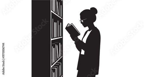 Librarian Silhouette vector graphic illustration portraying a focused woman wearing glasses, with her hair in a bun, attentively reading a book beside a tall bookshelf.