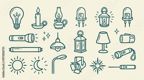 Outline Light Sources Icons Set on Light Background