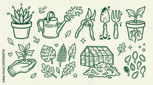 Gardening Hand-Drawn Doodle Illustration Set with Tools and Plants