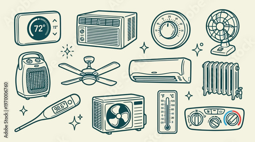 HVAC Appliances Collection, Heating and Cooling Climate Control Devices, Vintage Line Art Illustration