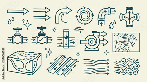 Fluid Flow Direction Icons Set with Water, Pipes, and Arrows in Line Art Style