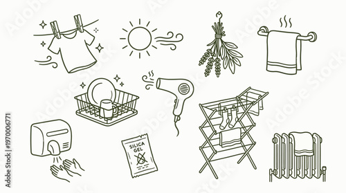 Drying Methods Household Icons Line Art Collection