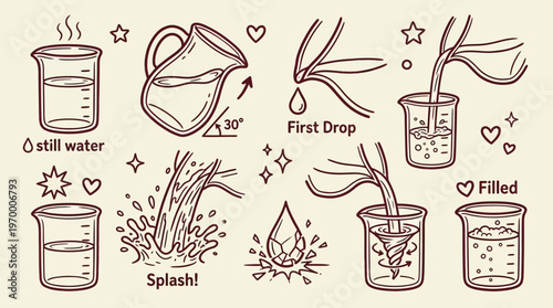 Scientific Liquid Pouring Process from Pitcher to Beaker Hand-Drawn Doodle Illustration