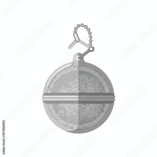 A grey, spherical tea infuser with a chain hangs from a hook
