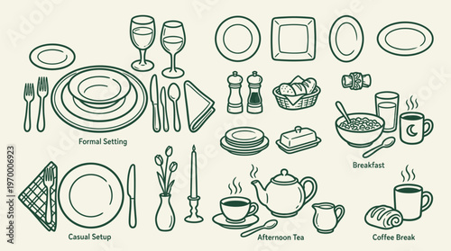 Dining Table Settings and Meal Service Outline Illustration