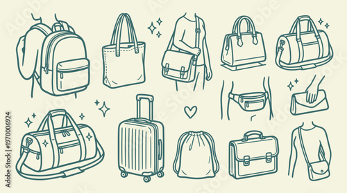 Bags Line Art Doodle Vector Illustration Collection