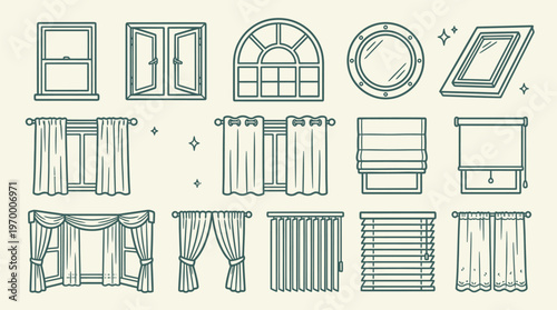 Window Treatments, Curtains, Blinds and and Shades Outline Vector Icons Set
