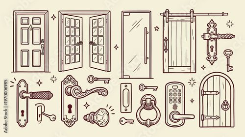 Doors and Door Hardware Collection Outline Illustration