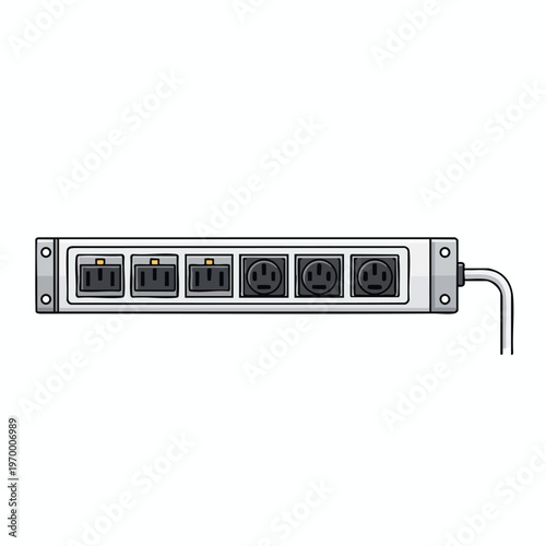 Metal power strip with multiple outlets and a cord extends from the right side
