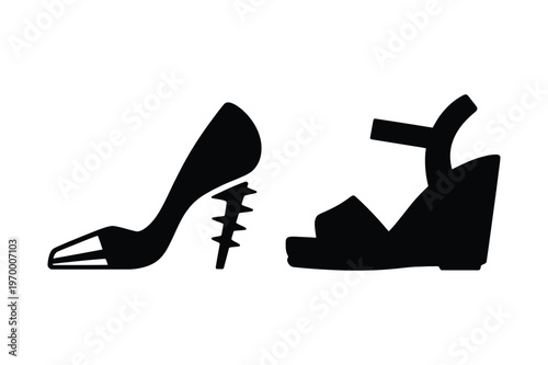 Black silhouette of a stiletto heel shoe and a wedge sandal
