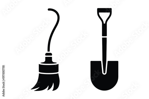 Broom and shovel cleaning and gardening tools icon set vector illustration
