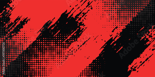 Black and Red Grunge Brush Background with Halftone Effect