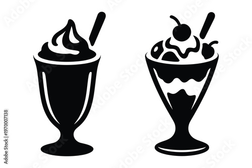 Ice cream sundae desserts with soft serve and toppings icon set vector illustrat
