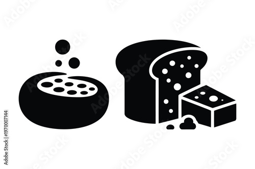 Bowl of soup bread loaf and cheese block icon set vector illustration