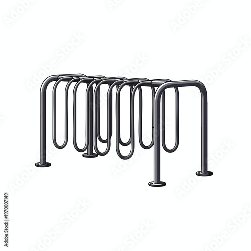 A six-space metal rack with curved bars provides secure bicycle parking
