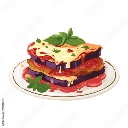 Eggplant Parmesan, illustrated as a clean 2D flat vector icon isolated on a white background