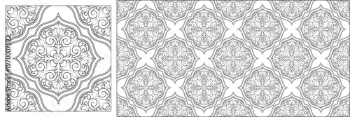 Seamless vector pattern illustration, line art, intricate hand-drawn mandala design with floral and swirling elements. Ideal for textiles, wallpapers, and coloring books. Isolated on white background