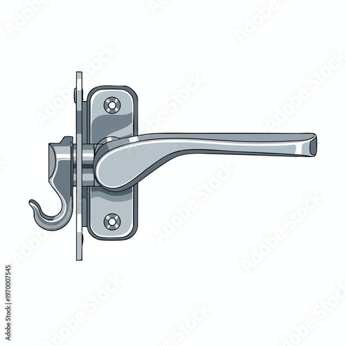 Metal latch mechanism with a lever, hook, and mounting plate