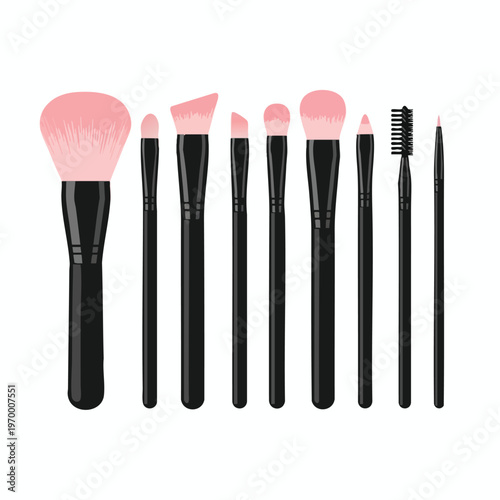 Assorted black handled makeup brushes with pink bristles in varying shapes