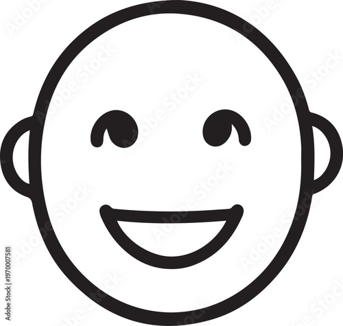 A simple, clean line drawing of a smiling face with eyes looking slightly upward, conveying happiness and a positive emotion.