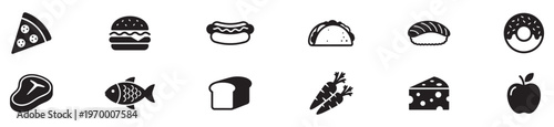 Variety of fast food, grocery and healthy eating icon set. Vector Illustration. EPS 10