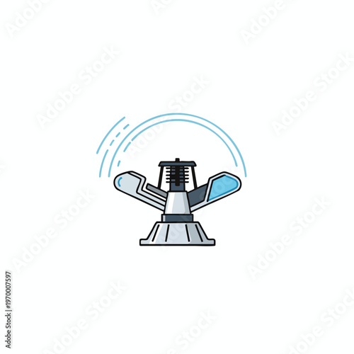 Sprinkler head with water arcs spraying outwards in a farm setting